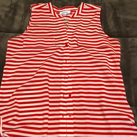 Calvin Klein Red Stripe Chiffon Tank - Picture 1 of 4
